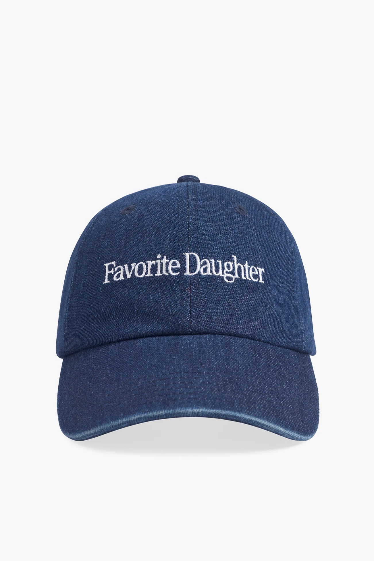 Blue denim cap with 'Favorite Daughter' text on a white background