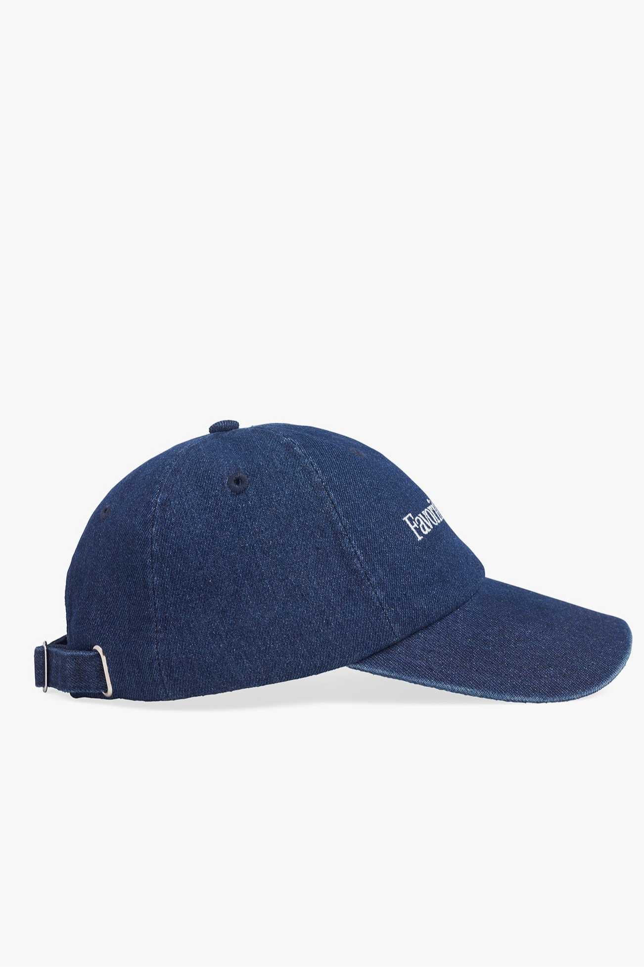 Blue denim cap with a brand logo on a white background
