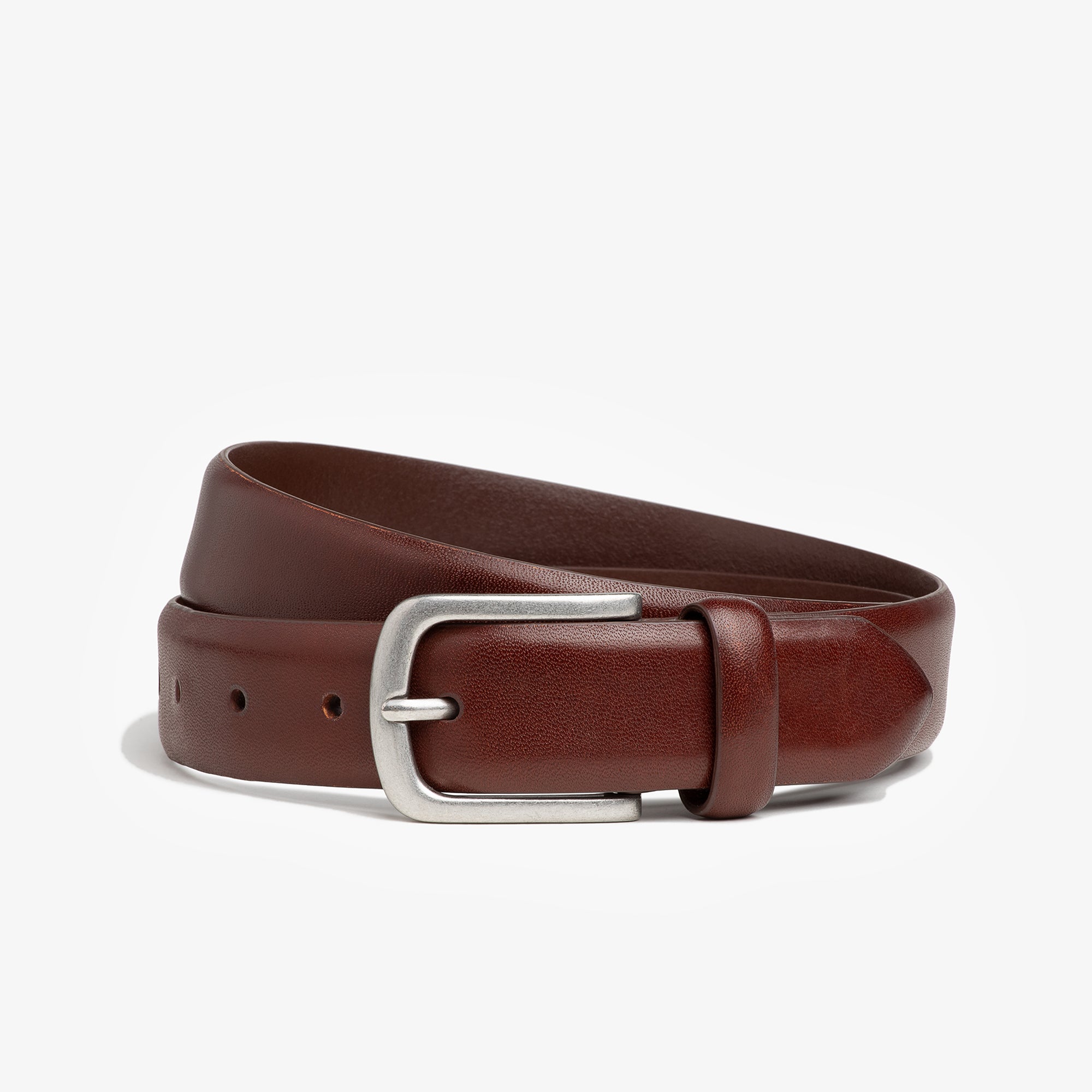 Brown leather belt with a silver buckle on a white background