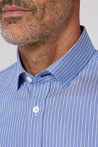 Close-up of a man wearing a blue striped shirt with a collar.