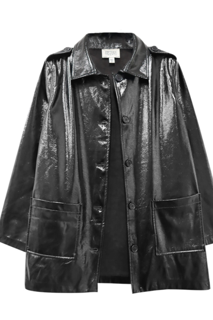 Black glossy trench coat on a white background
