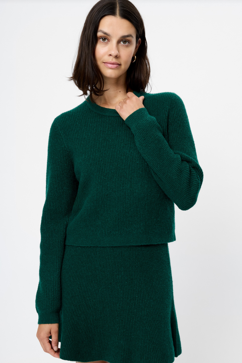 Woman wearing a green sweater and skirt set on a white background