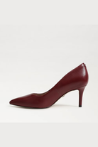 Burgundy high-heeled shoe on a white background