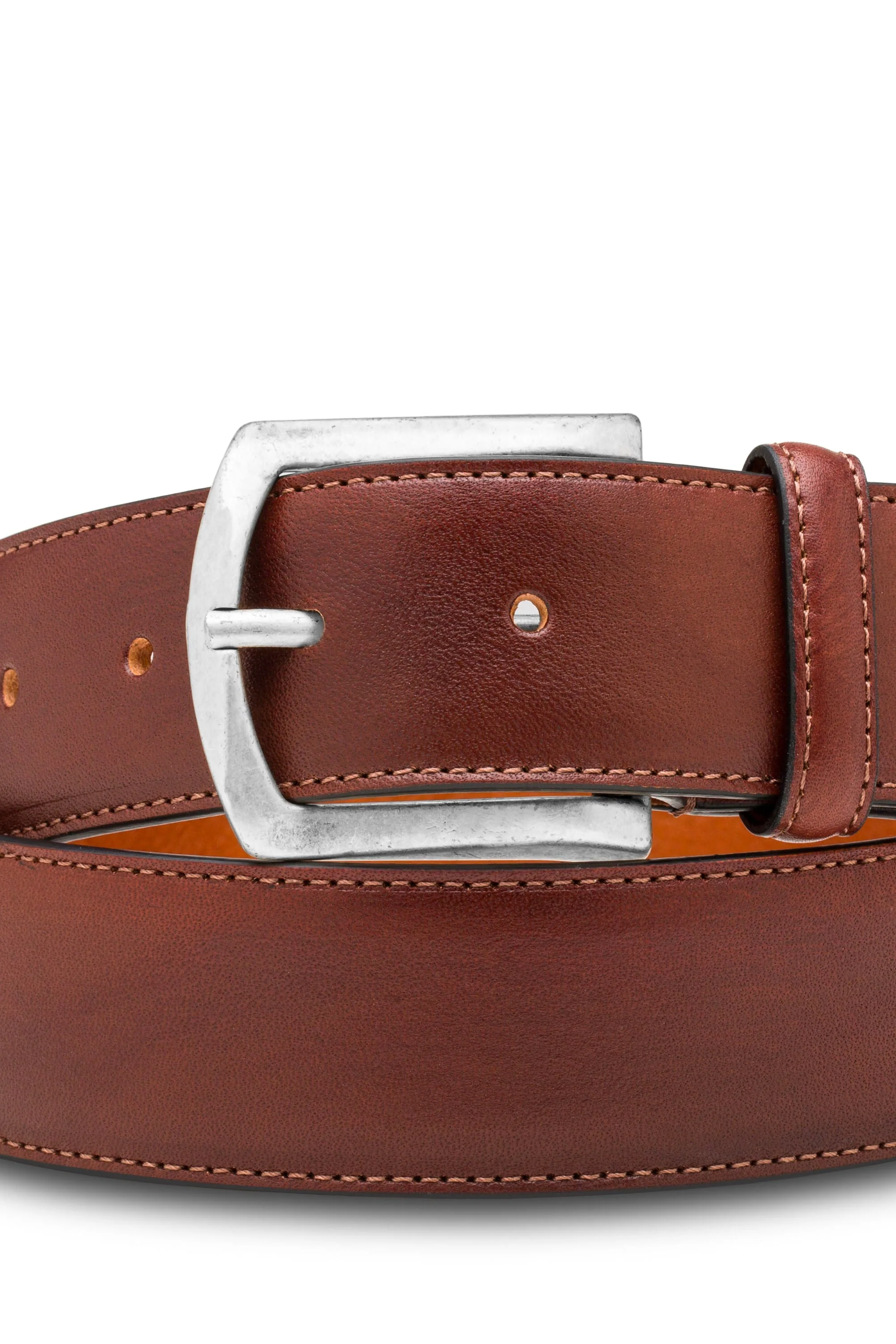 Brown leather belt with a silver buckle on a white background