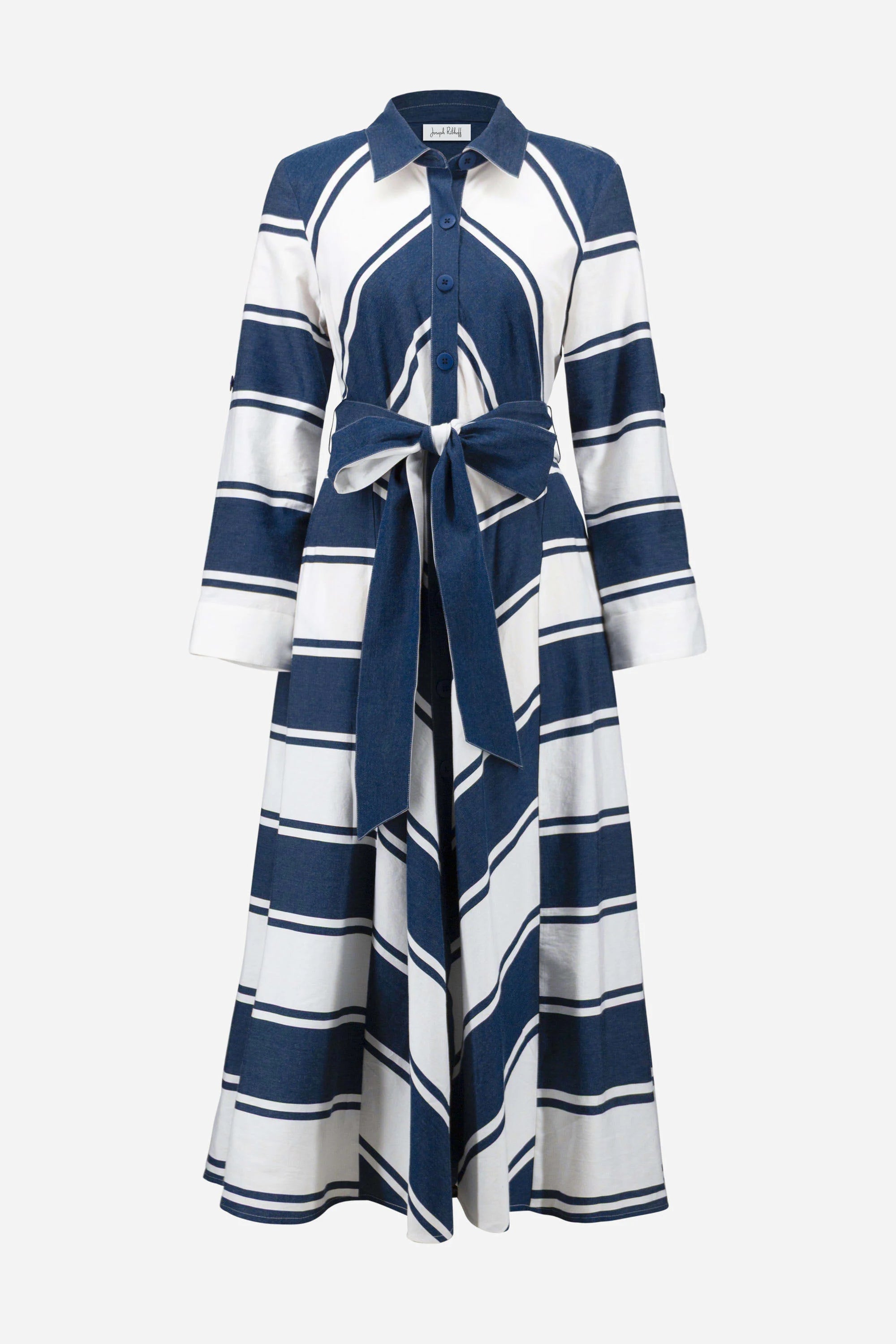 Long blue and white striped dress with a belt on a white background