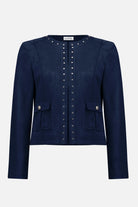 Navy blue jacket with button details on a white background