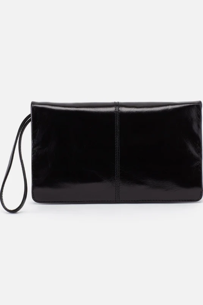 Black clutch bag on a white background