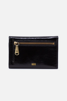 Black wallet with gold zipper and 'KARL' branding on a white background