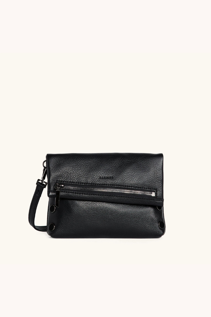 Black leather handbag with a zipper on a white background