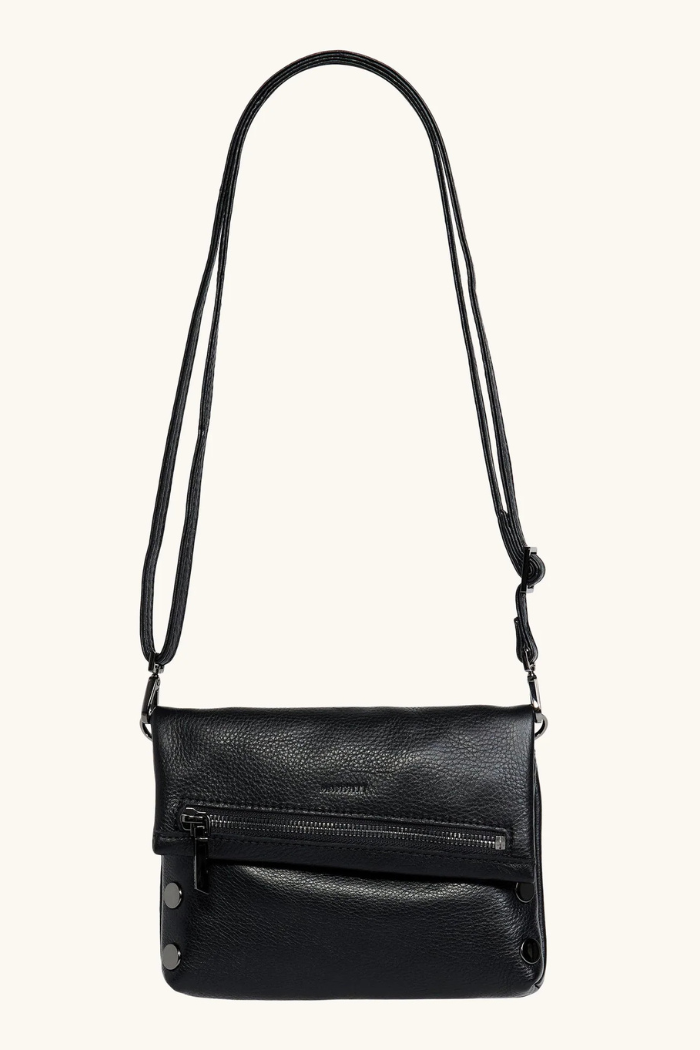 Black leather crossbody bag on a white background