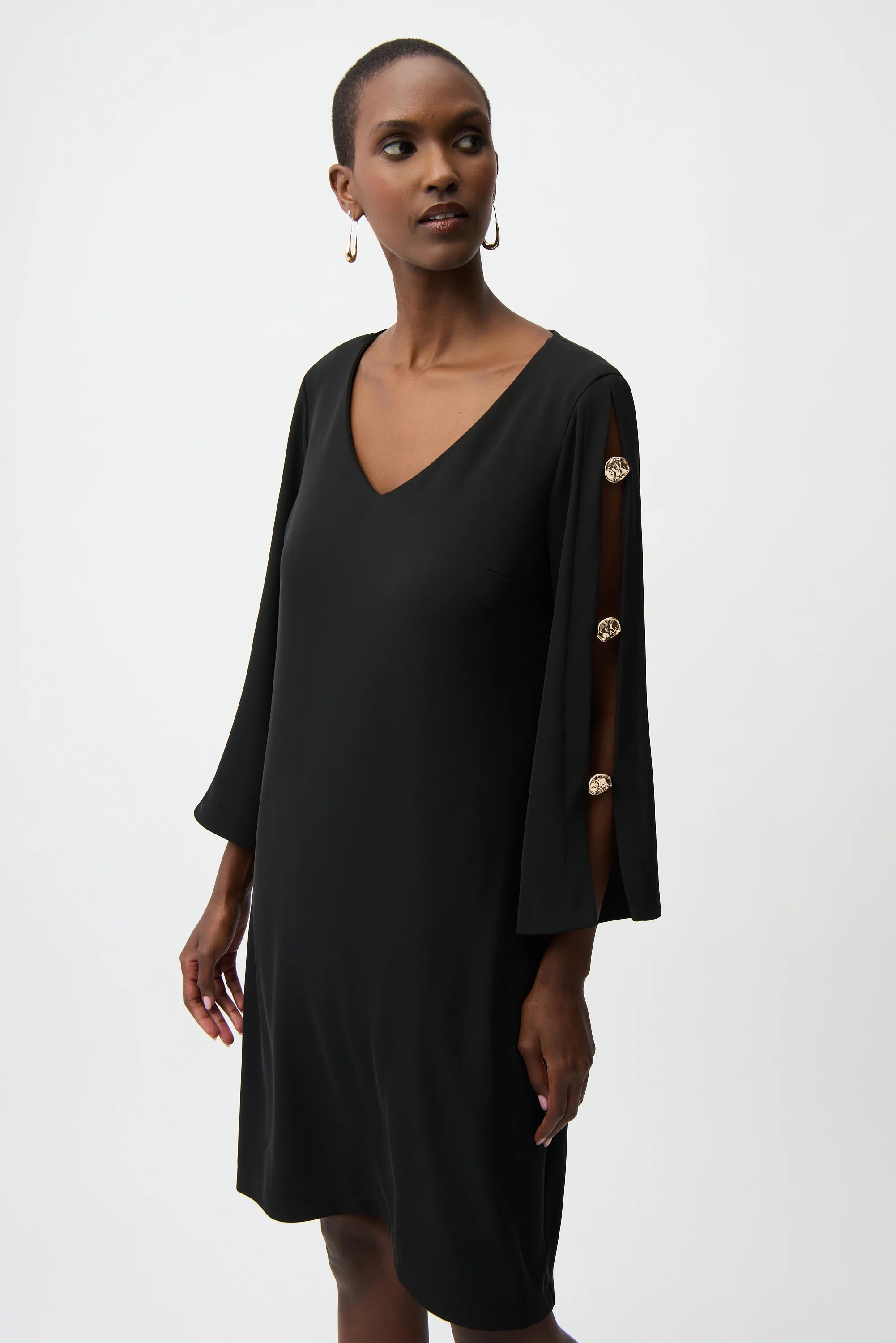 Joseph Ribkoff Trapezes Dress With Gold Trimmed Slit Sleeve 6 Joseph Ribkoff Trapezes Dress With Gold Trimmed Slit Sleeve 6