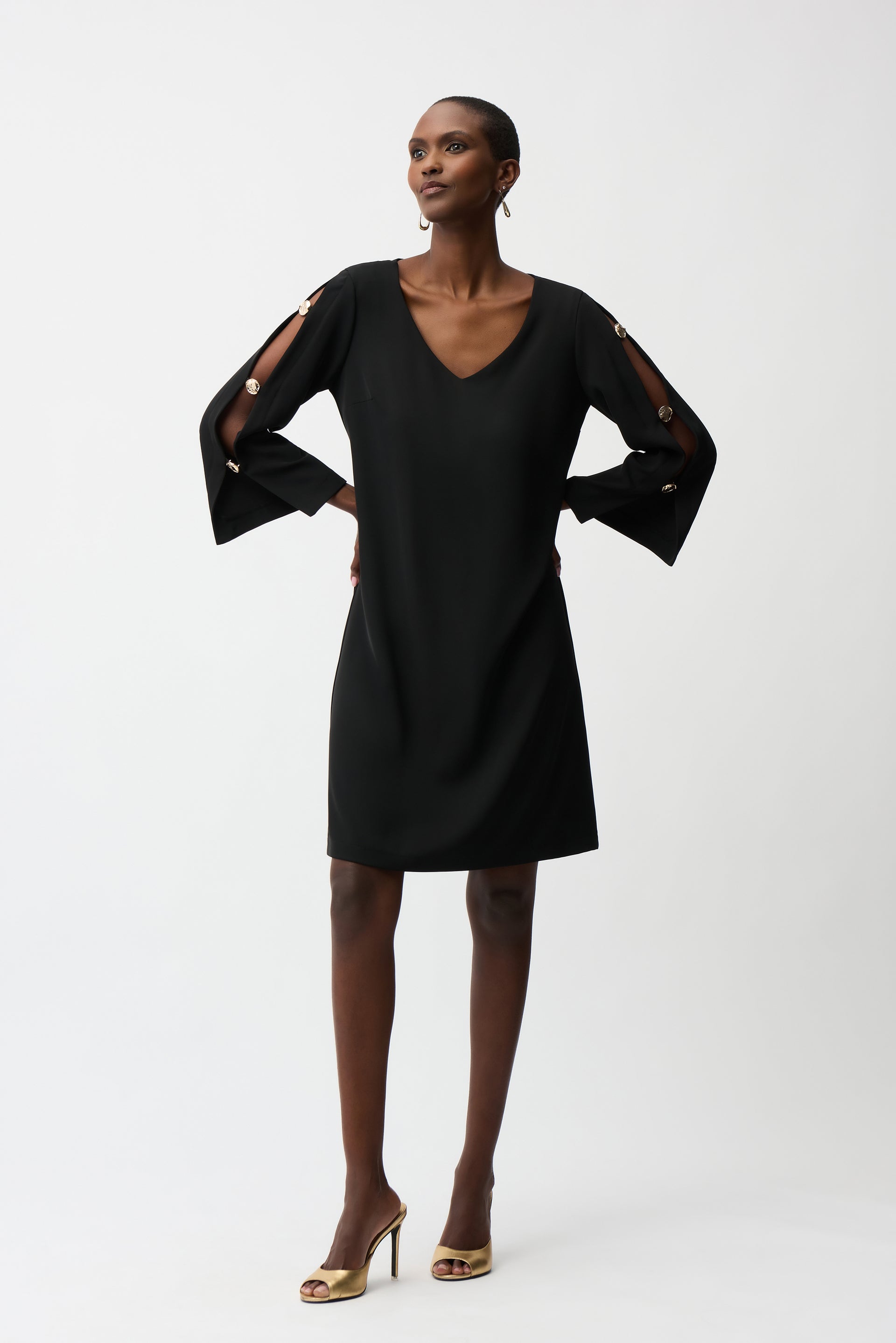 Joseph Ribkoff Trapezes Dress With Gold Trimmed Slit Sleeve 6 Joseph Ribkoff Trapezes Dress With Gold Trimmed Slit Sleeve 6