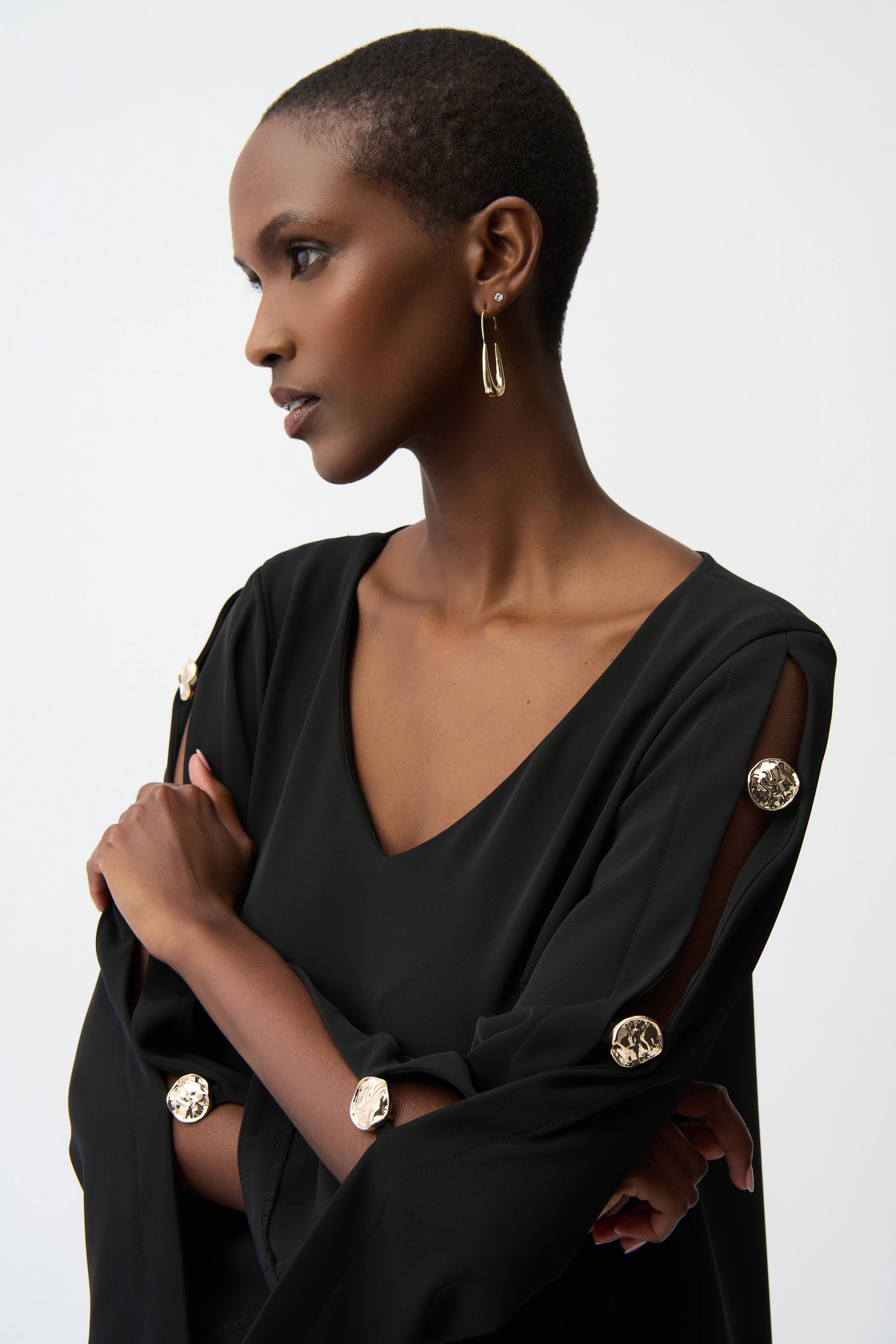 Joseph Ribkoff Trapezes Dress With Gold Trimmed Slit Sleeve 2