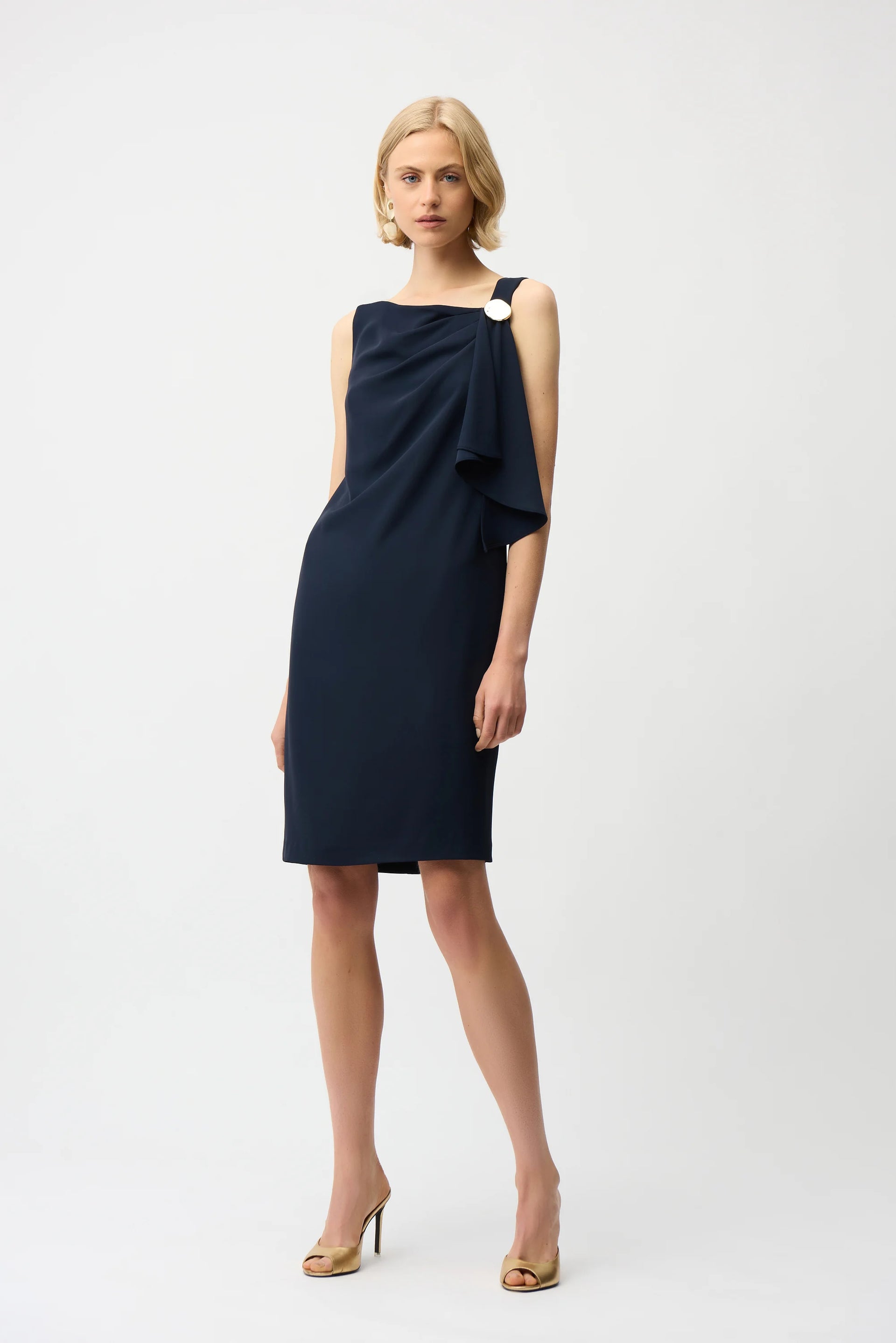 Joseph Ribkoff Woven Twill Shift Dress With Asymmetrical Neckline 261134 | Midnight Blue / 6 Joseph Ribkoff Woven Twill Shift Dress With Asymmetrical Neckline 261134 | Midnight Blue / 6