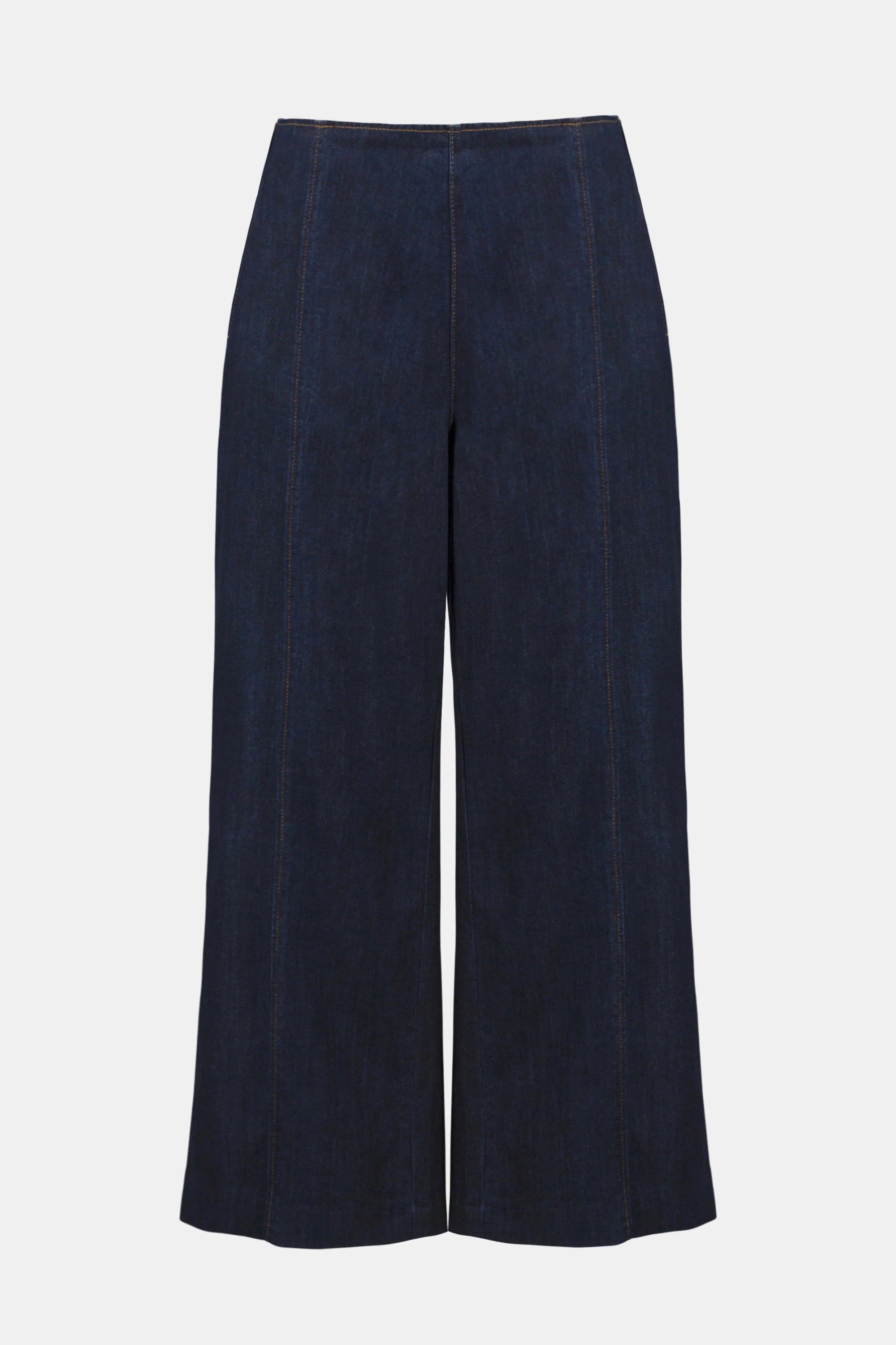 Navy blue wide-leg pants on a light gray background