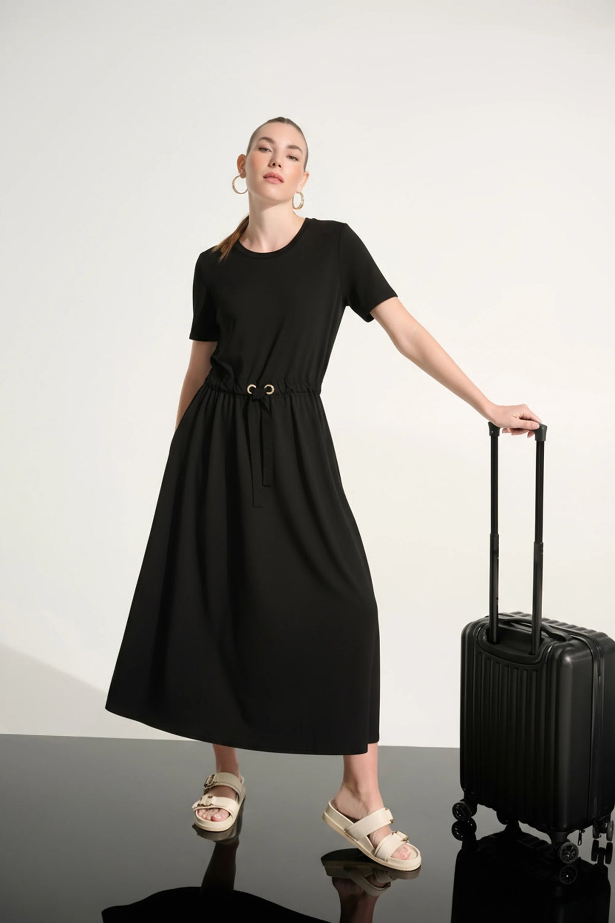 black jersey fit and flare dress Memory & With Waist Detail- – Rooted Boutique Clothing