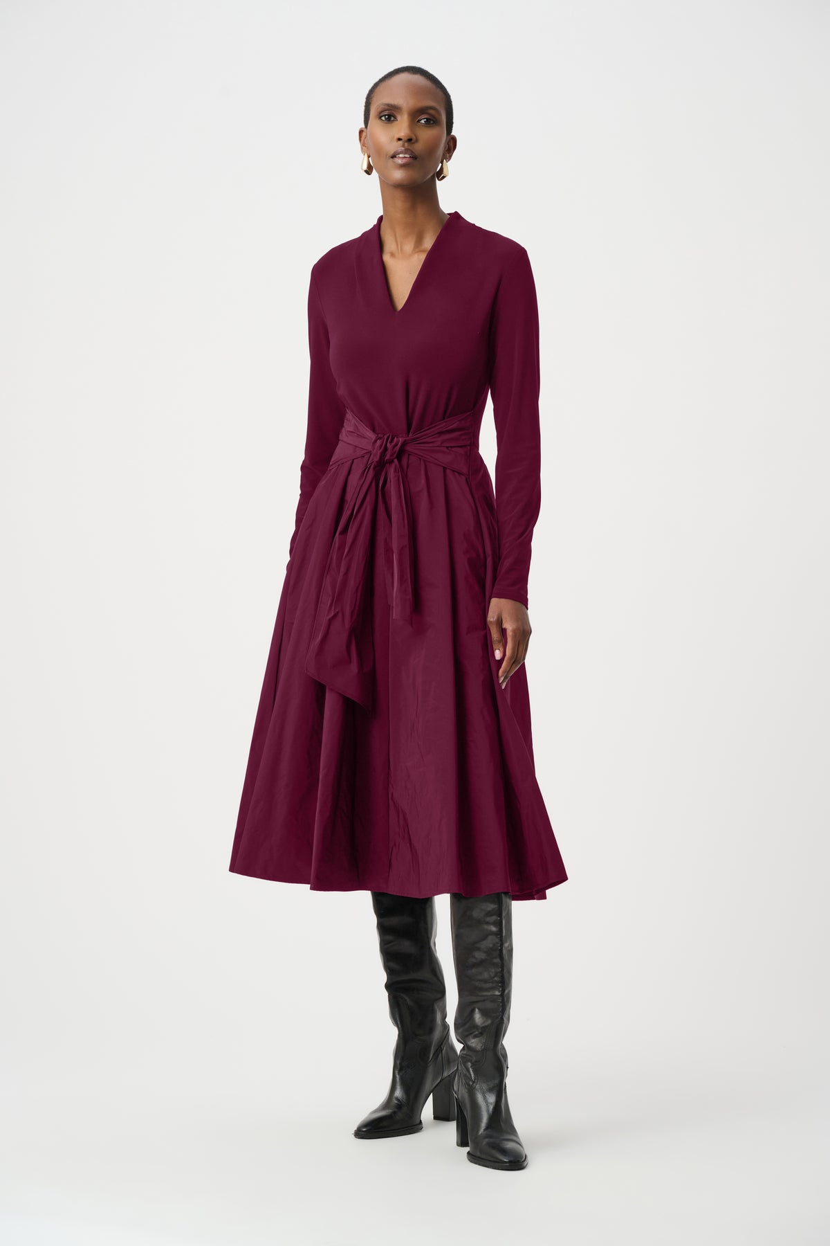 knit flare dress Joseph Ribkoff Midi Wrap With Pockets Style 263145 Purple Red v neck satin styleattribute-pastels Elevate your everyday wardrobe Colour:Apricot
