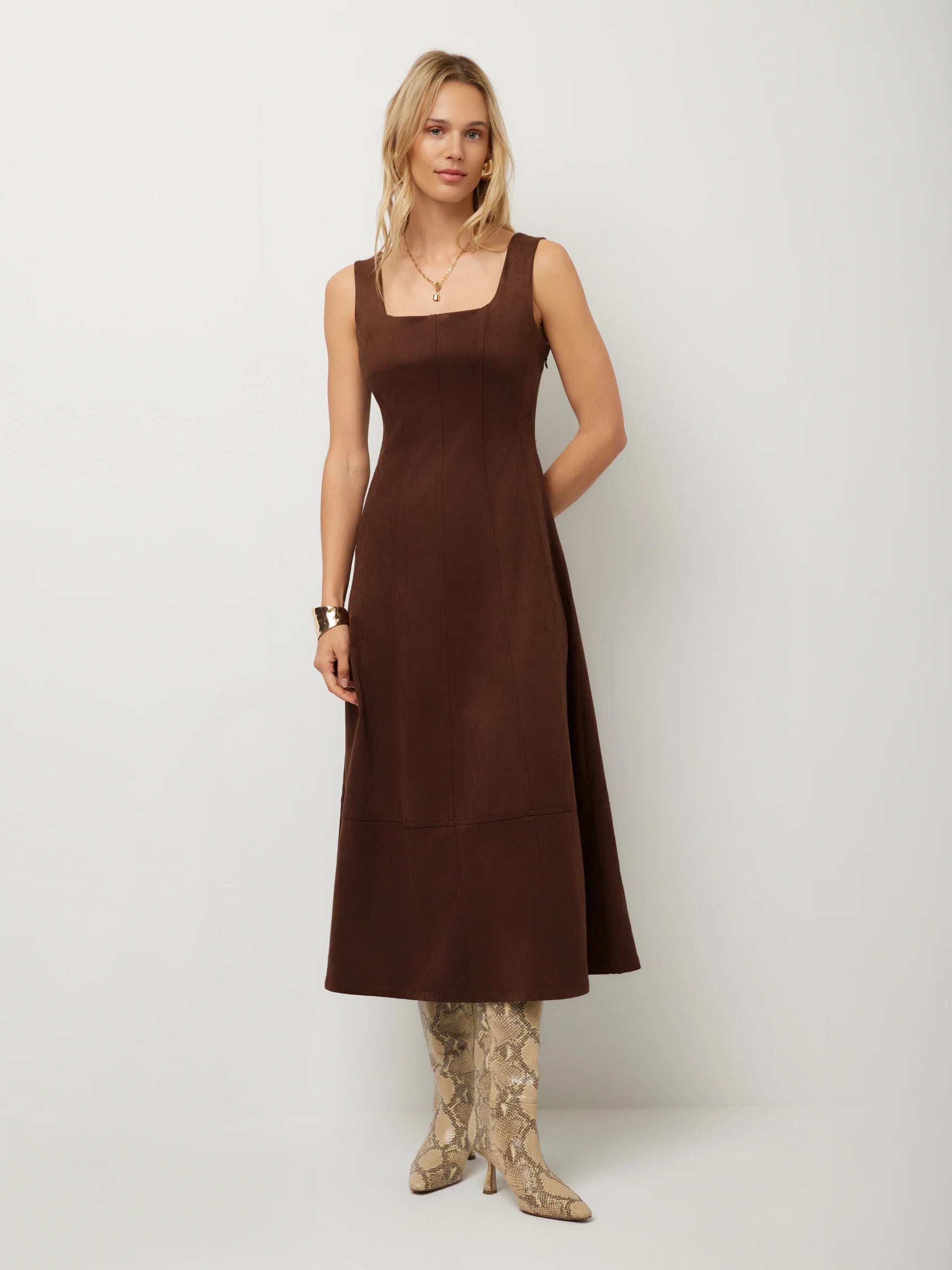 brown suede dress Madalyn Faux Stitch Detail Dress- Wood – Rooted Boutique CJD2025X Daniela Low-Back Sweater Midi 95% Polyester 5% Spandex Dress Size:28