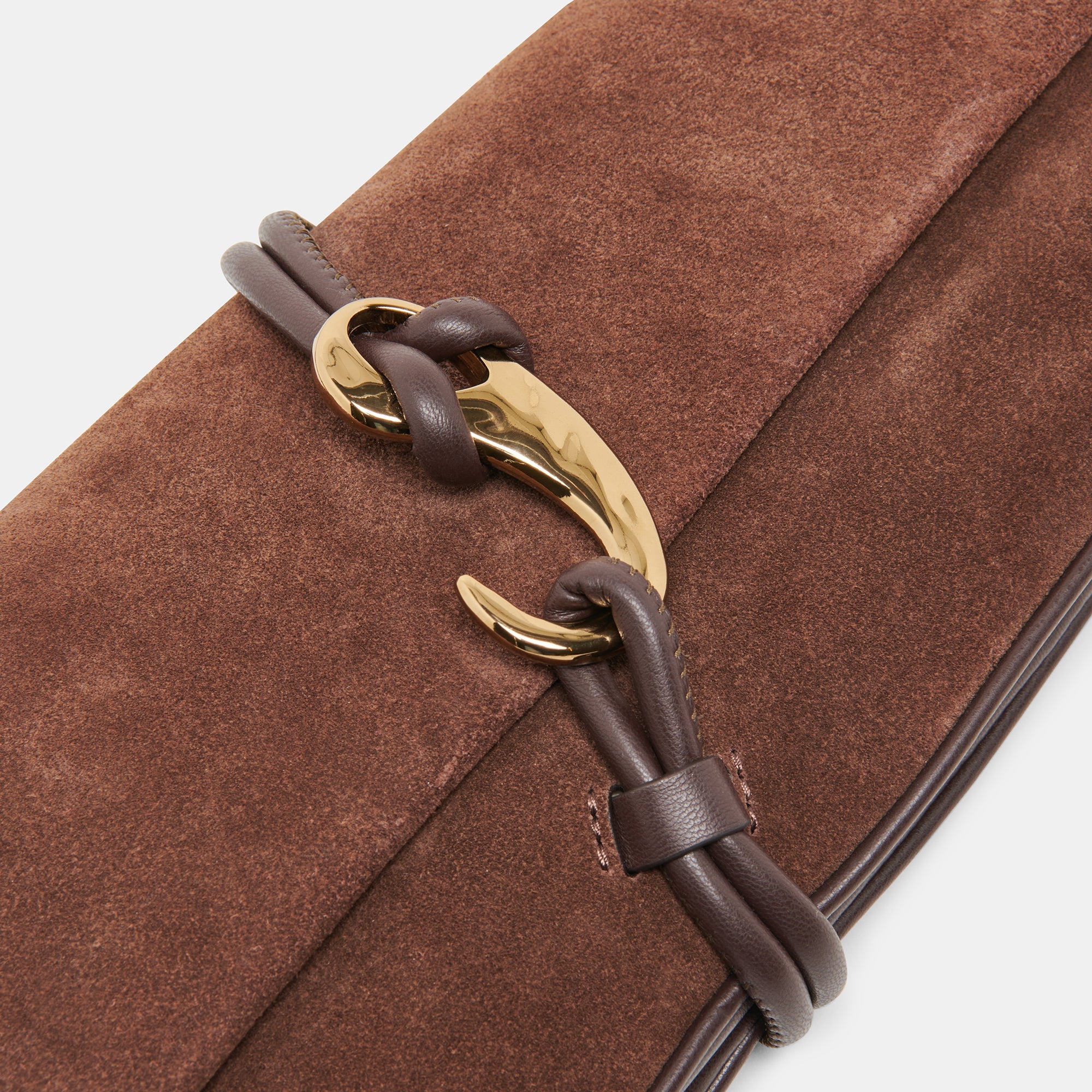 Brown suede clutch with gold clasp on a white background