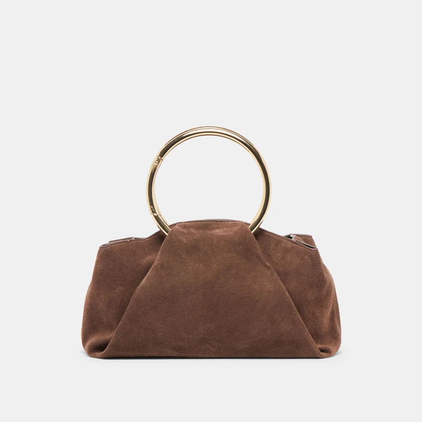 Brown suede handbag with gold ring handle on a white background