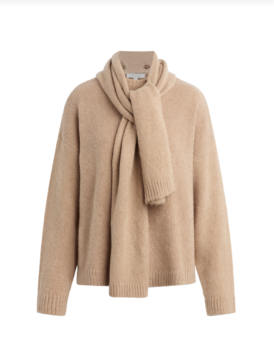 Beige sweater with matching scarf on a white background